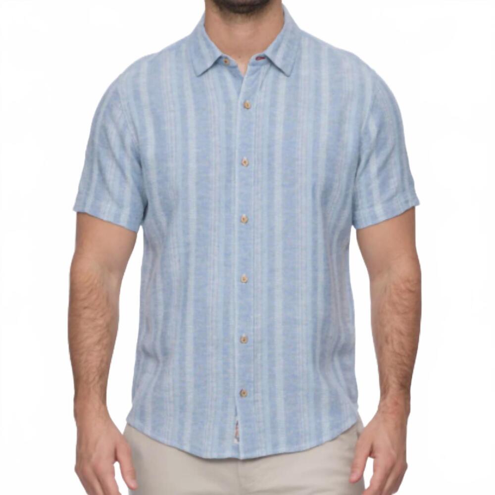 NEW FLAGS & ANTHEM men's oceanside short sleeve linen shirt in light blue